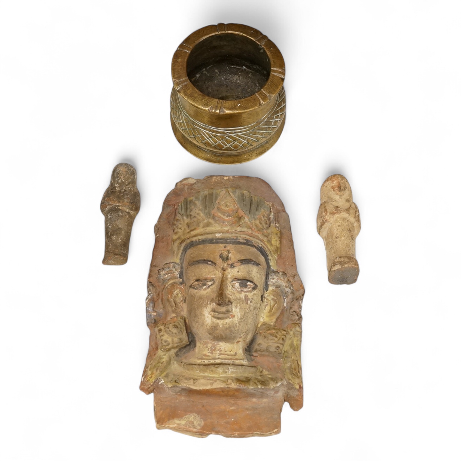 A South-East Asian bronze censer, two Ushabti and an Egyptian painted terracotta mask, 24cm